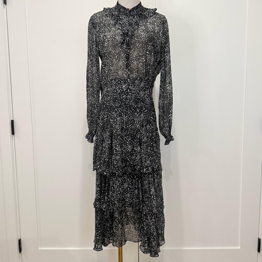 Maje Tiered Printed Metallic Fil Coupé Midi Dress 38 Medium Black Silk Wedding - Picture 4 of 16